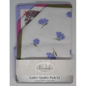 Pkt of 10 Handkerchiefs, White with colour designs, Plain Cotton