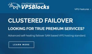 Promotional graphic from VPSBlocks advertising clustered failover with SAN-based VPS hosting and self-healing infrastructure.