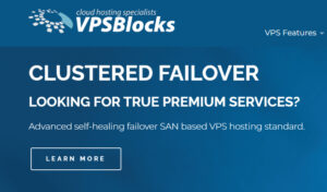 Promotional graphic from VPSBlocks advertising clustered failover with SAN-based VPS hosting and self-healing infrastructure.
