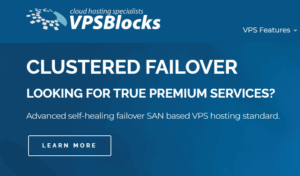 Promotional graphic from VPSBlocks advertising clustered failover with SAN-based VPS hosting and self-healing infrastructure.