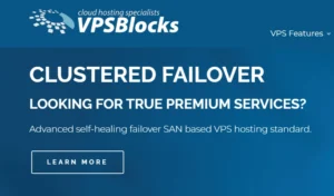 Promotional graphic from VPSBlocks advertising clustered failover with SAN-based VPS hosting and self-healing infrastructure.